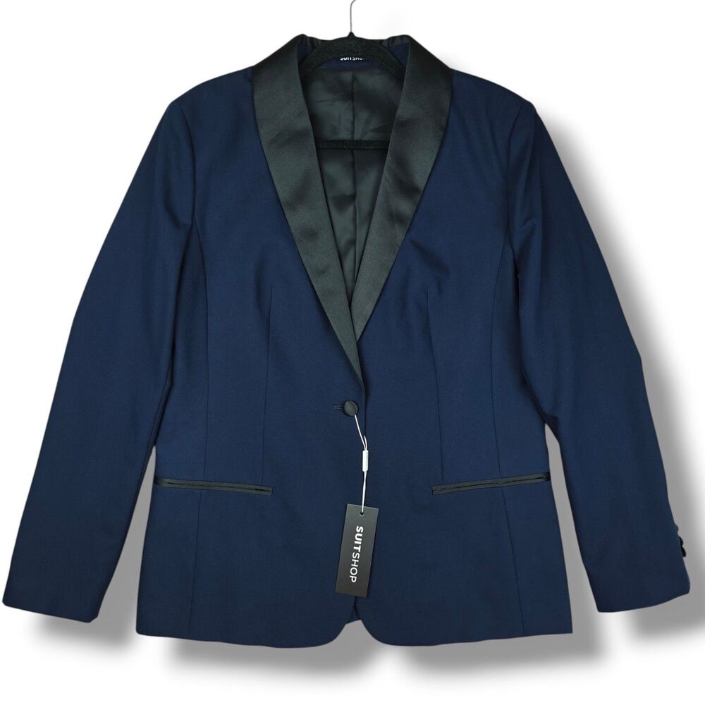 SuitShop Women's 10R Navy Blue Shawl Tuxedo Suit Jacket Slim Fit Stretch NWT